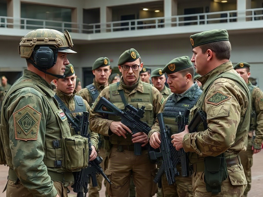 На изображении группа военнослужащих обсуждает что-то, держа оружие и одетых в камуфляж.