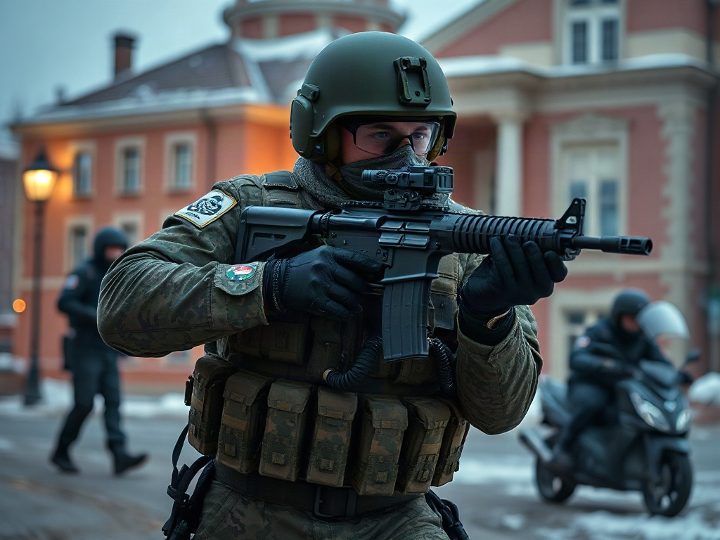 Военный в форме с оружием, готовый к действиям на улице в зимнее время. Обстановка напряжённая.