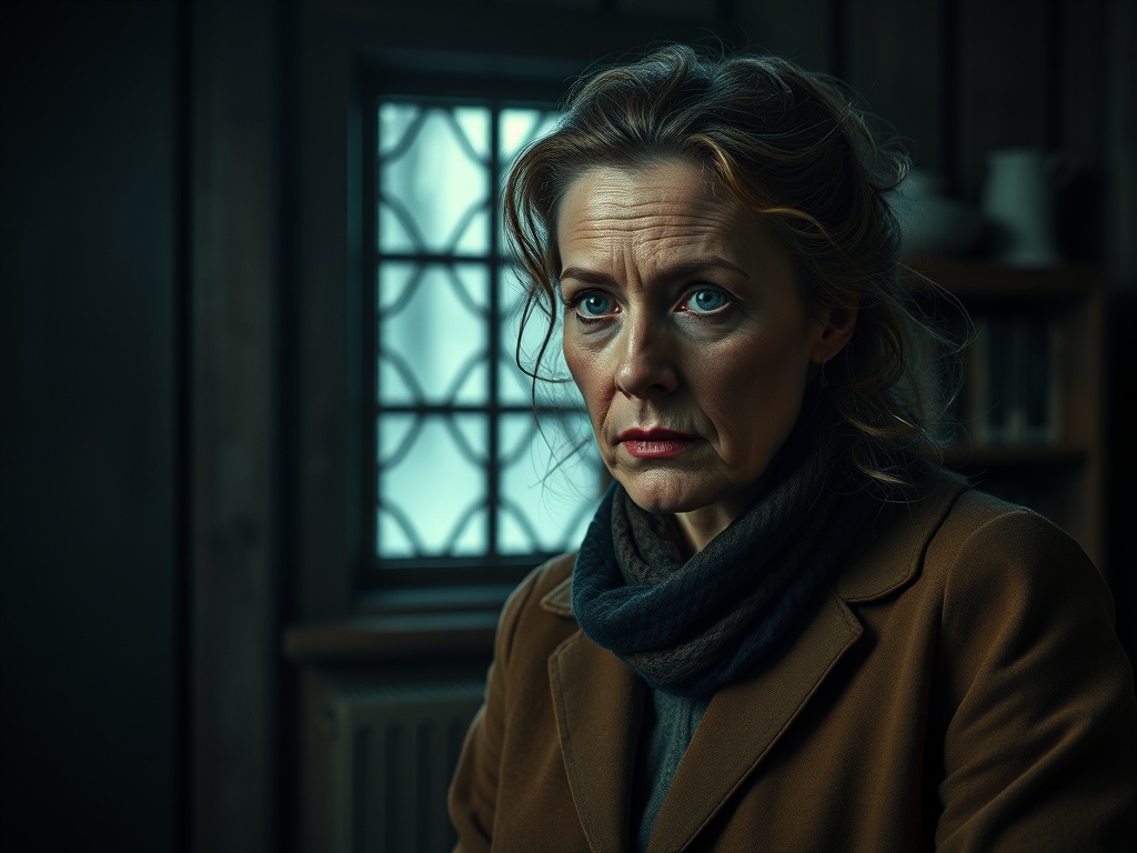 Женщина с задумчивым выражением лица сидит в темной комнате у окна. Стены деревянные, атмосфера напряженная.