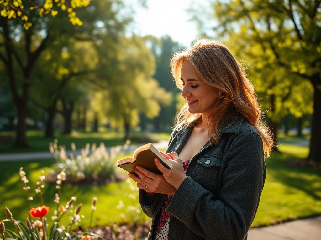 Женщина читает книгу на фоне зеленого парка, наслаждаясь теплым солнечным светом. Цветы рядом.