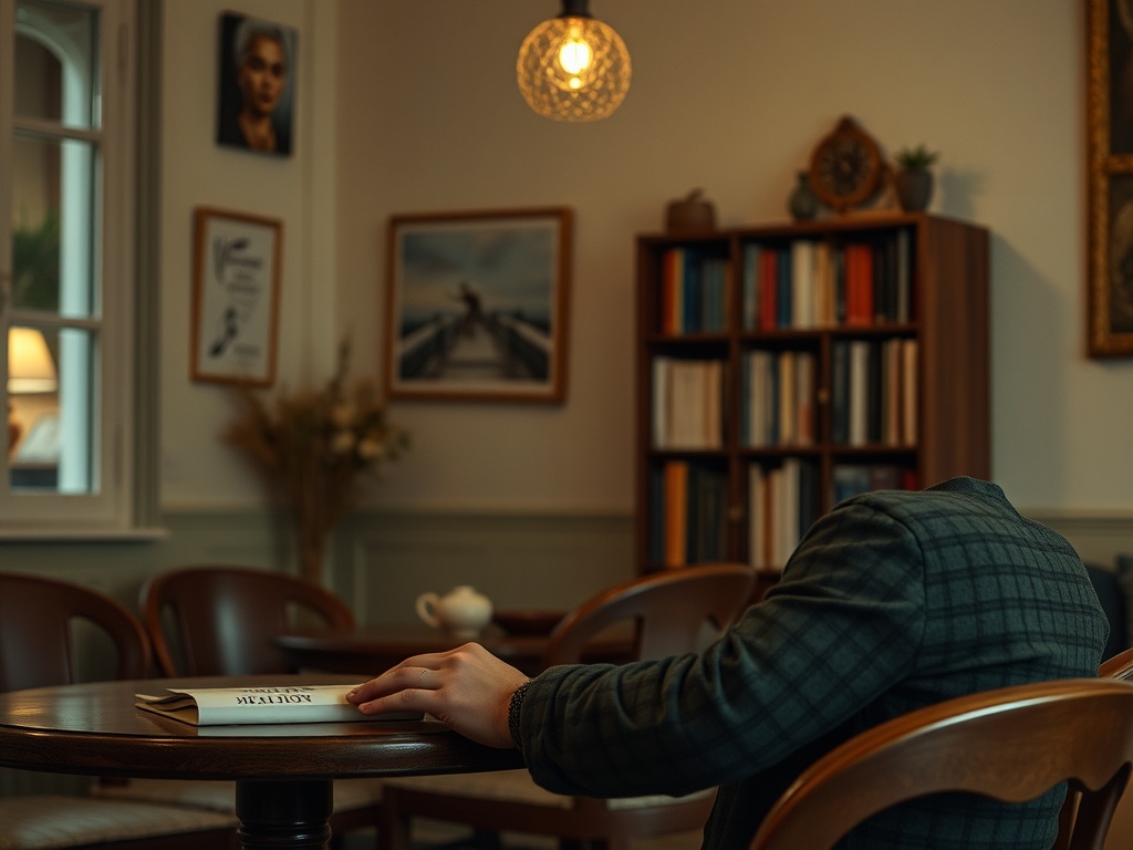 На столе лежит меню, рядом с ним рука в костюме. Интерьер уютного кафе с книгами и картинами на стенах.