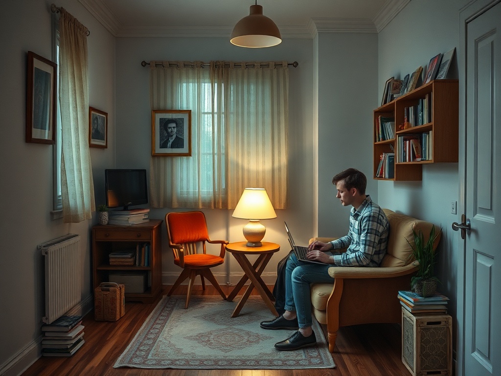 В уютной комнате молодой человек работает за ноутбуком при свете настольной лампы. Рядом книги и кресло.