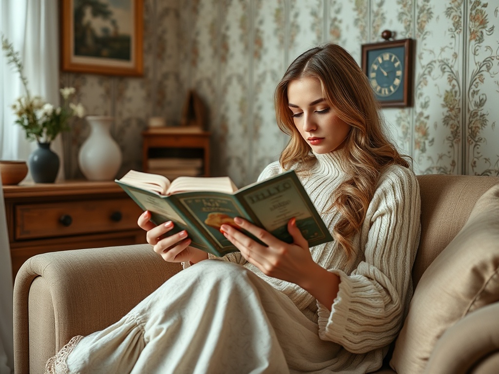 Молодая женщина в светлом свитере сидит на диване и читает книгу в уютном интерьере комнаты.