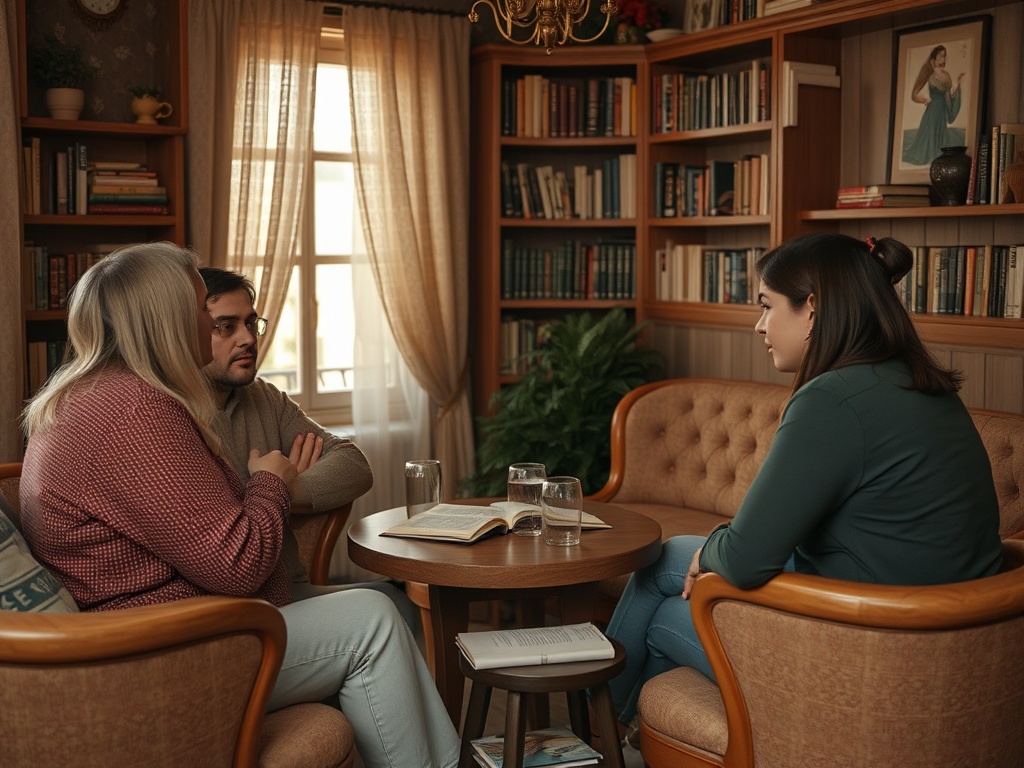 Три человека обсуждают что-то за круглым столом в уютной комнате с библиотекой на заднем плане.