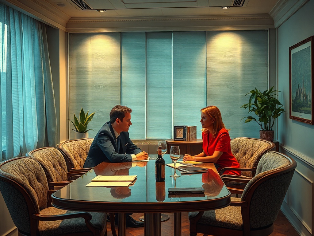 Два человека обсуждают что-то важное за столом в уютном офисе, окруженном растениями и стеклянными окнами.