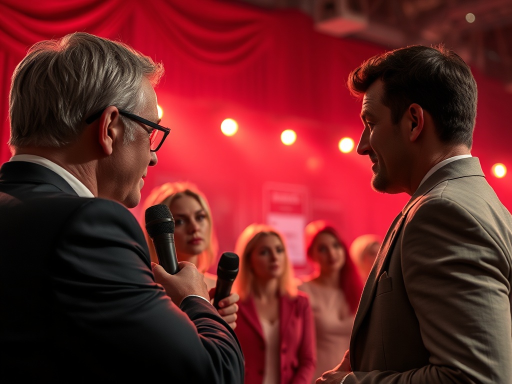 Два человека ведут интервью на фоне женщины с микрофонами и ярким освещением. Атмосфера оживлена и настойчива.