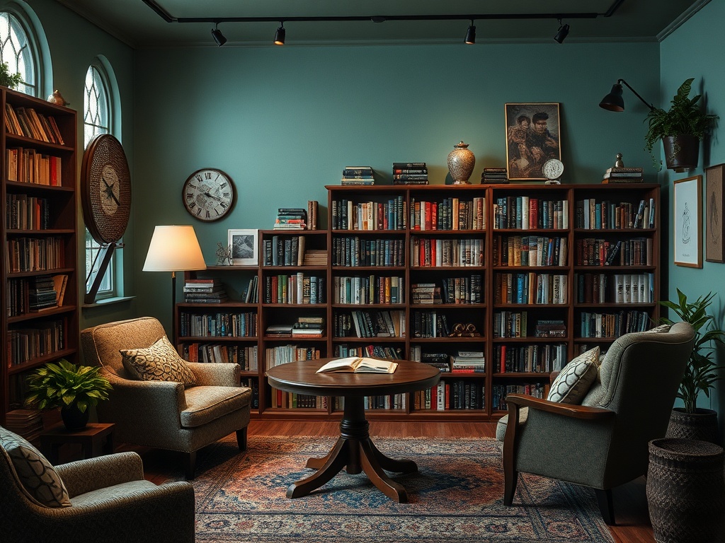 Уютная библиотека с книгами, креслами и столом, оформленная в теплых тонах на фоне зелёной стены.