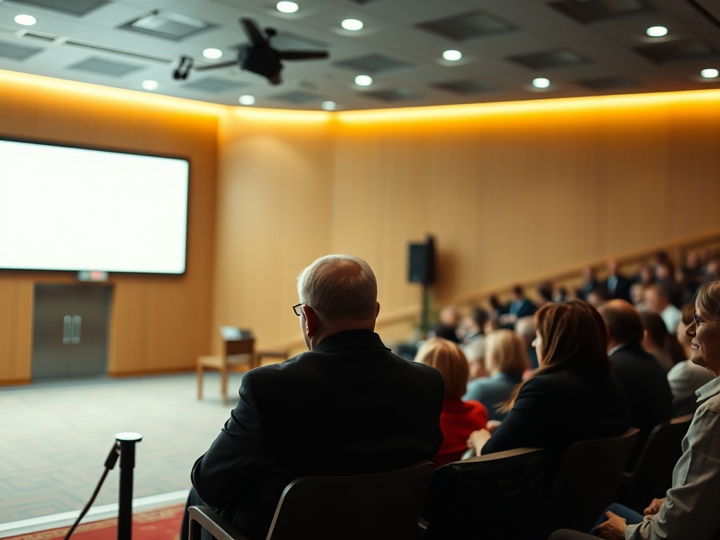 На изображении видно людей, сидящих в аудитории, слушающих презентацию на экране.