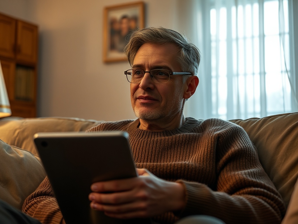 Мужчина в свитере сидит на диване, держит планшет и смотрит с интересом. В комнате уютная атмосфера.