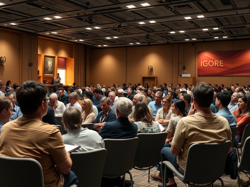Толпа людей в зале, слушающих выступление, с фоном и плакатом «IGORE» на стене.