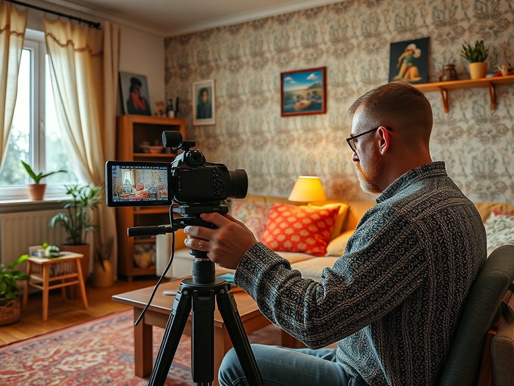 На изображении мужчина с камерой, который снимает видео в уютной комнате с диваном и зелеными растениями.