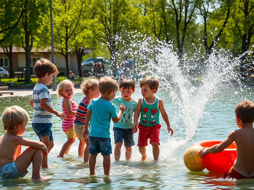 Дети играют в воде, радуясь летнему солнцу и брызгам, создавая атмосферу веселья и дружбы.