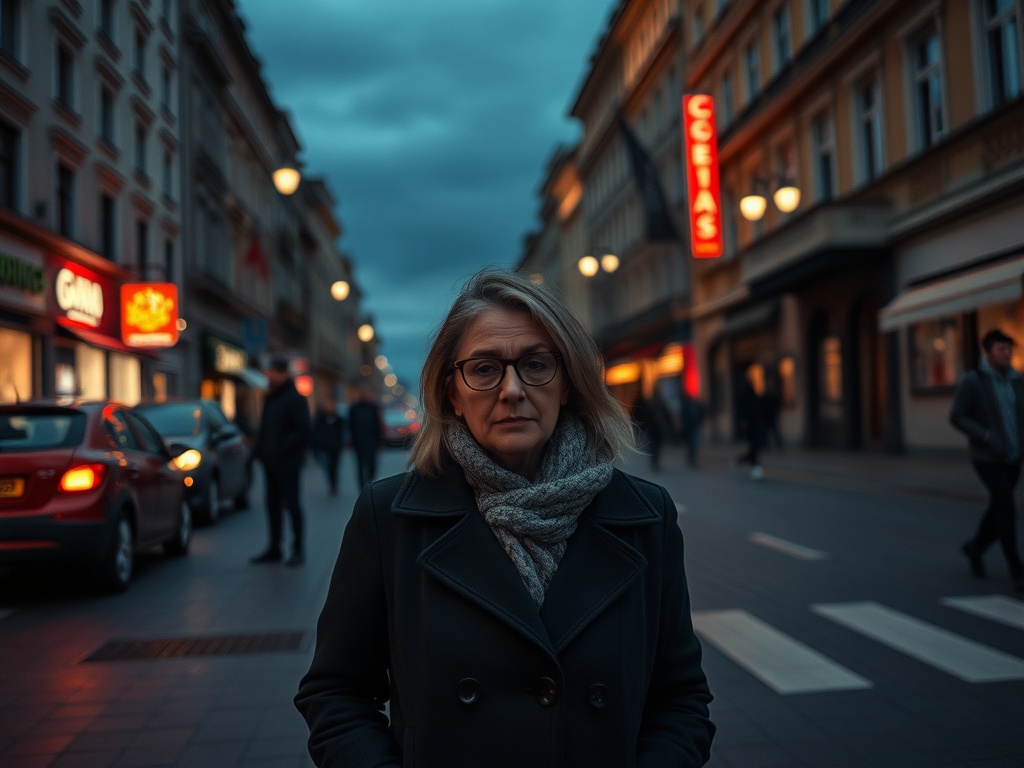 На улице темно, женщина в очках и с шарфом стоит на фоне вечернего города. Люди проходят мимо.