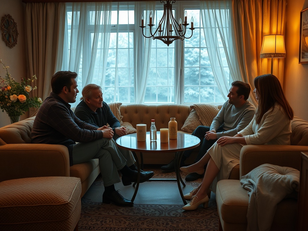 Четыре человека беседуют в уютной комнатe, сидя на диванe, за столом с напитками и закусками.