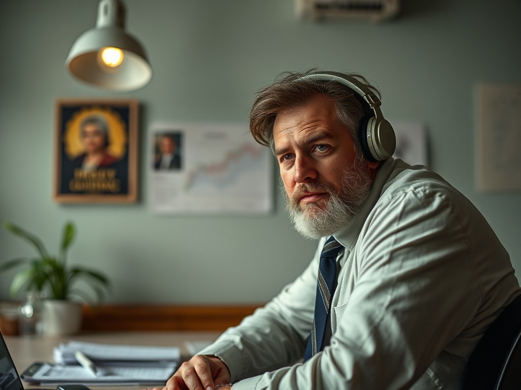 Мужчина в наушниках смотрит на компьютер, в офисе стены украшены картинами и графиками.