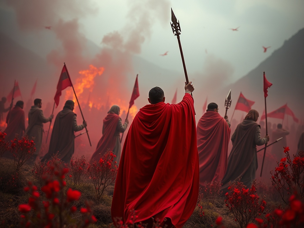 Группа людей в красных плащах с копьями и флагами стоит среди цветущих красных растений на фоне огня и дыма.
