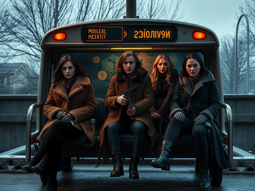 Четыре человека сидят на автобусной остановке, смотрят вперед и держатся за оружие, настроение мрачное.