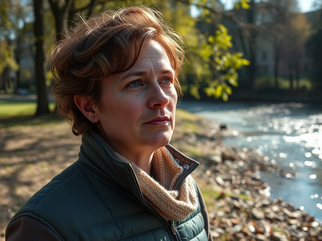 Женщина с короткими волосами смотрит вдаль на берегу реки в парке, окруженная зелеными деревьями.