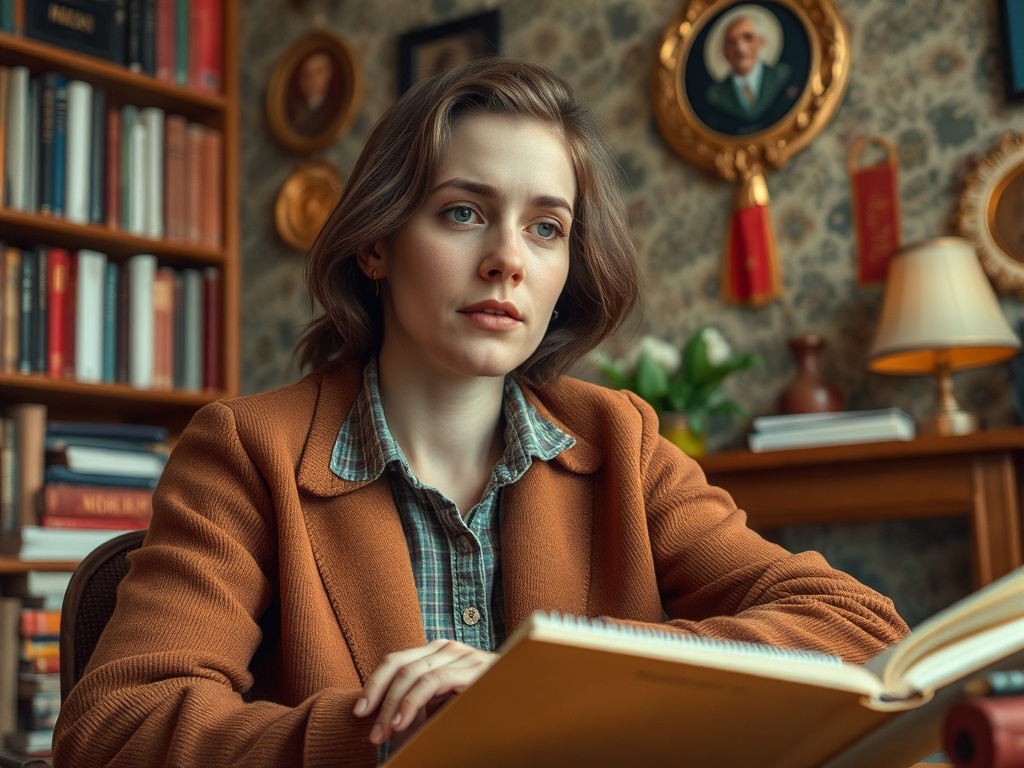 Молодая женщина в уютном интерьере читает книгу, на фоне полки с книгами и семейными портретами.