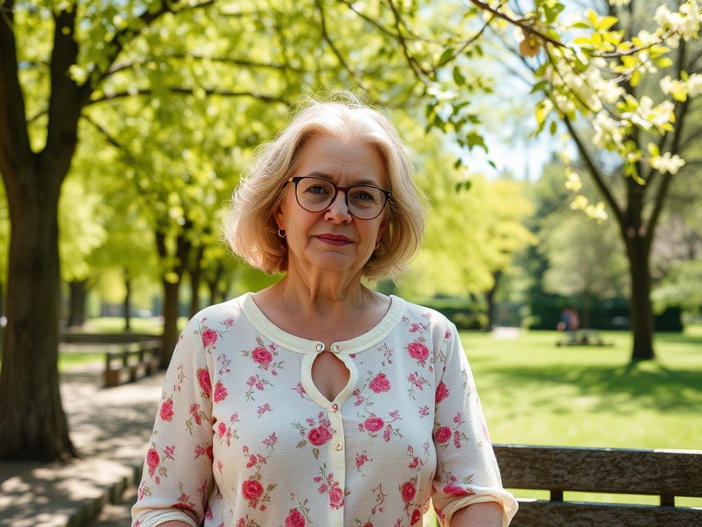 На изображении пожилая женщина с короткими светлыми волосами, в очках, на фоне зелёного парка.