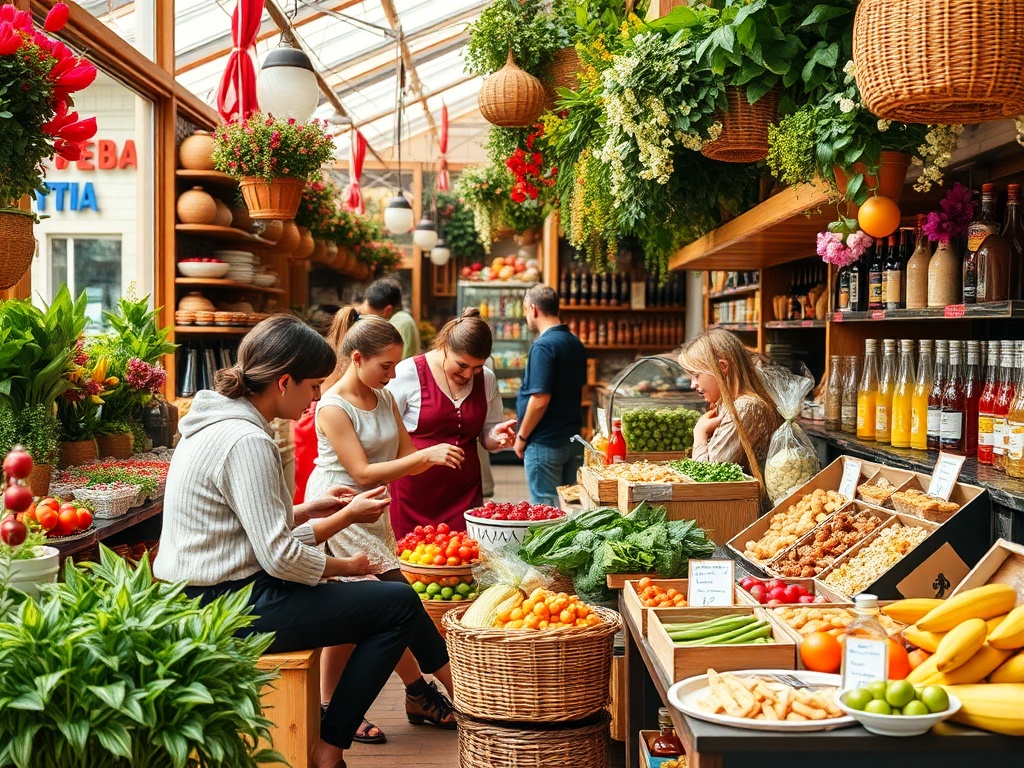 Люди в магазинчике с фруктами и овощами, окружённые растениями и цветами. Атмосфера яркая и живая.