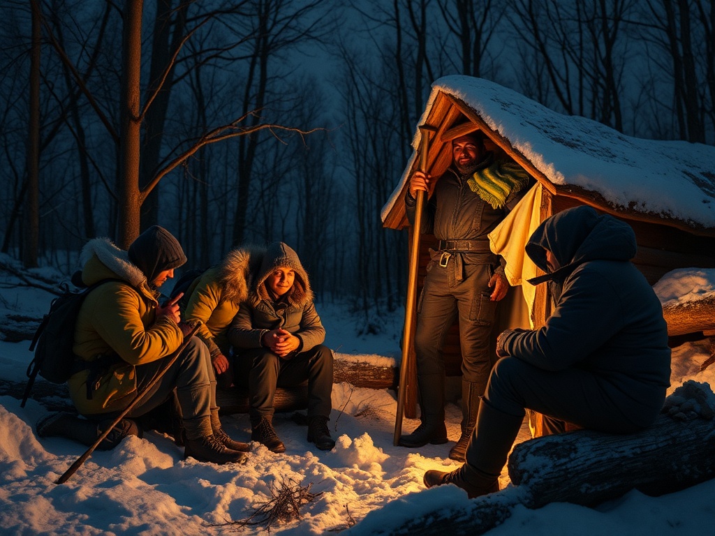 Группа людей в зимней одежде у костра в лесу, согреваются у зимнего укрытия в ночное время.