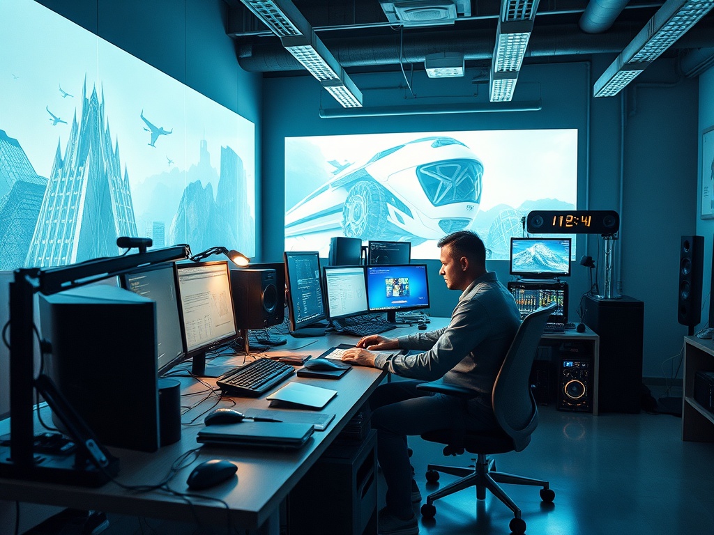 Мужчина за компьютером в современном офисе, окруженный экранами и графикой на стене.