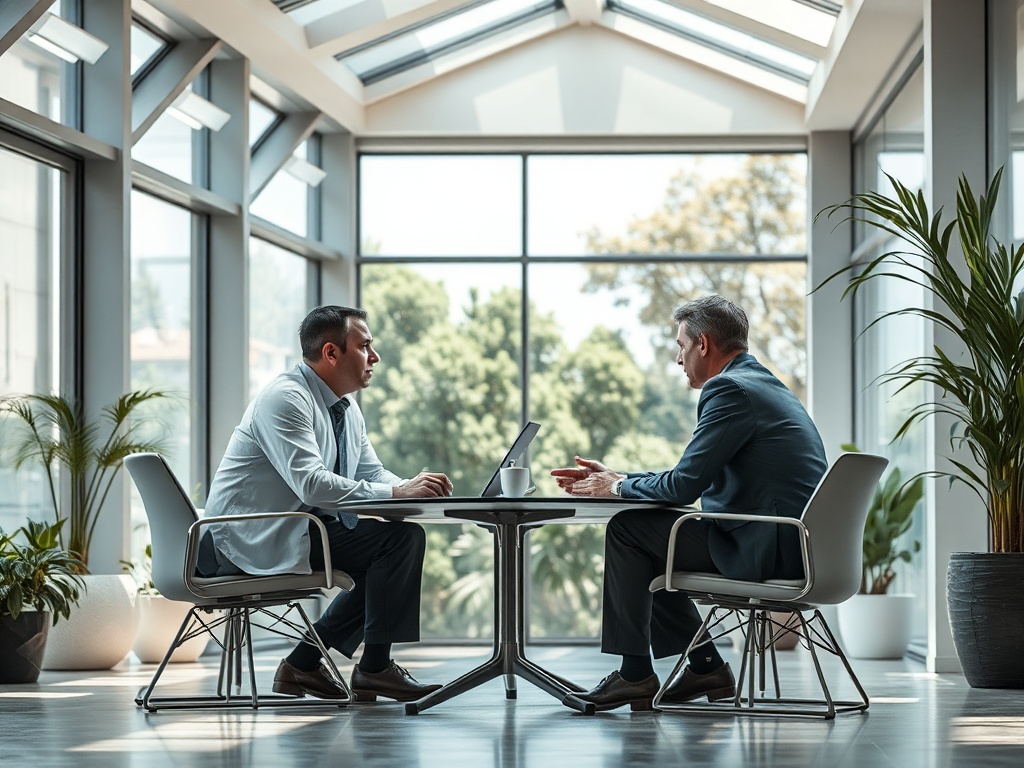 Два человека в деловой обстановке обсуждают что-то важное за столом в светлом офисе.