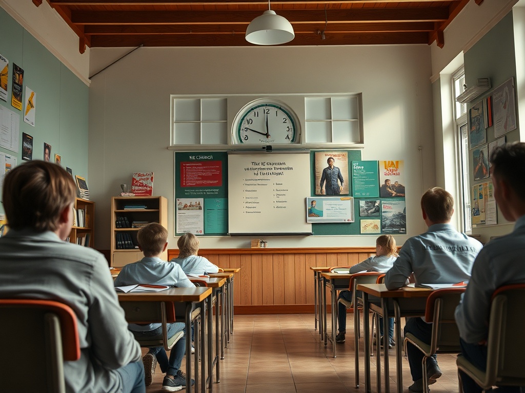 Класс, ученики сидят за партами, на стене плакаты и часы. Урок проходит в светлом помещении.
