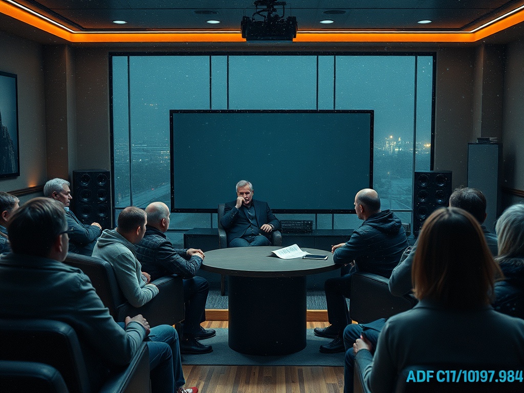 Группа людей в конференц-зале, обсуждающих что-то важное, с видом на городской пейзаж за окном.