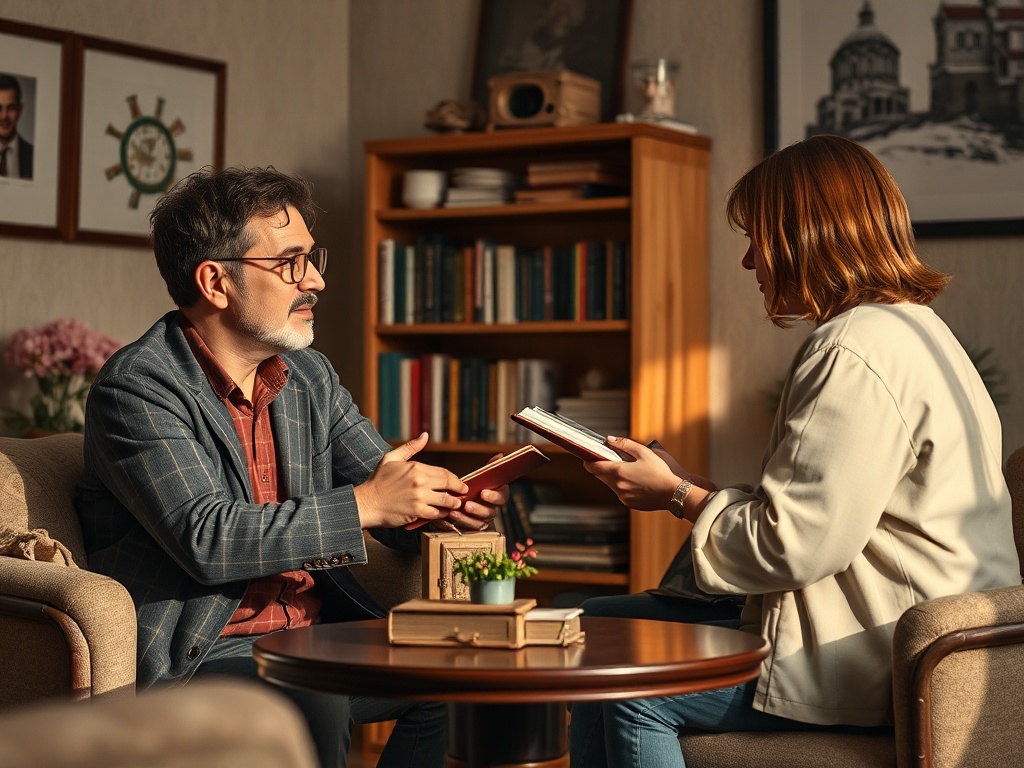 Два человека обсуждают книги, сидя за столом в уютной комнате с книжными полками и декором.