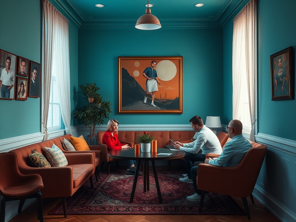 Три человека обсуждают что-то в уютной комнате с яркими стенами и картинами на стенах.