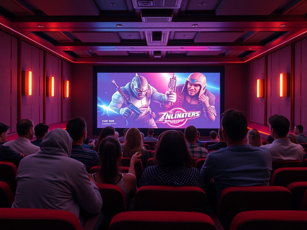 Зал кинотеатра с зрителями, которые смотрят анимационный фильм на большом экране.