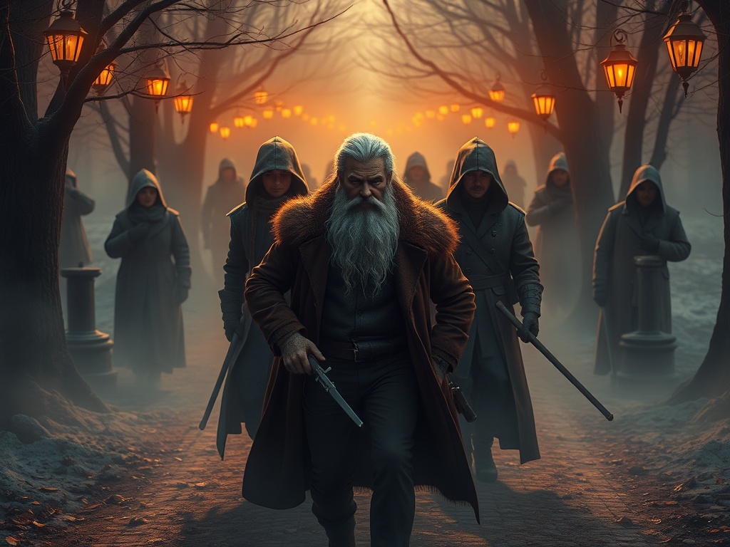 На тёмной улице с фонарями группа людей в капюшонах следует за мужчиной с длинной бородой.