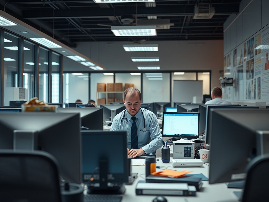 В офисе работает мужчина в рубашке и галстуке, окруженный компьютерами и документами.