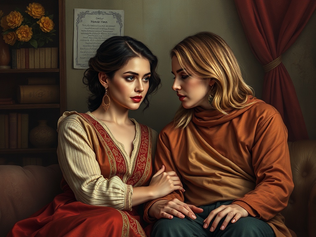 Две женщины сидят вместе, обмениваются взглядами и держатся за руки на фоне книжной полки и занавесок.