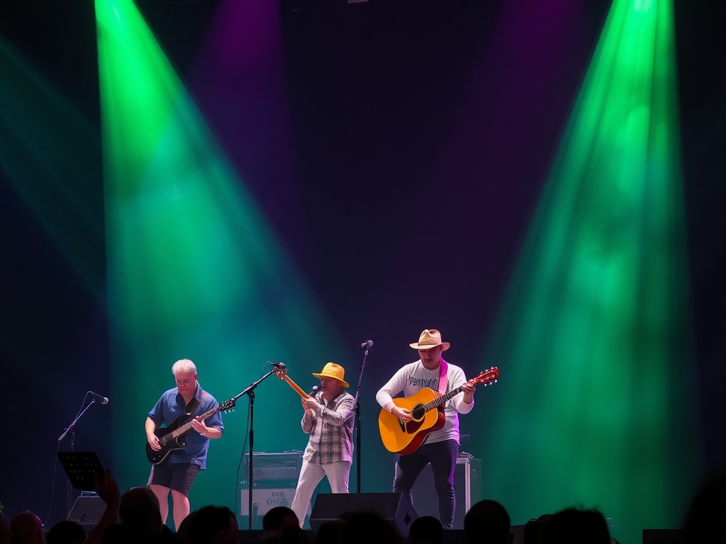 На сцене три музыканта с гитарами под яркими огнями, играют и поют в атмосферной обстановке.