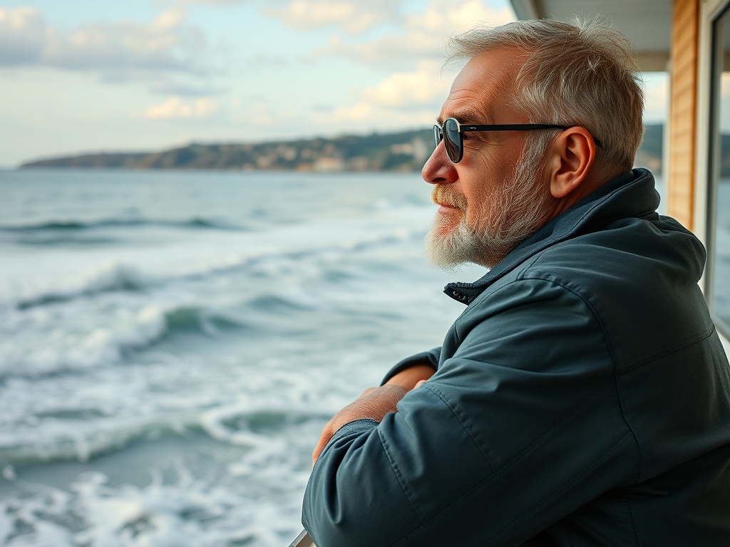 Пожилой мужчина с бородой в солнцезащитных очках смотрит на море из борта лодки.
