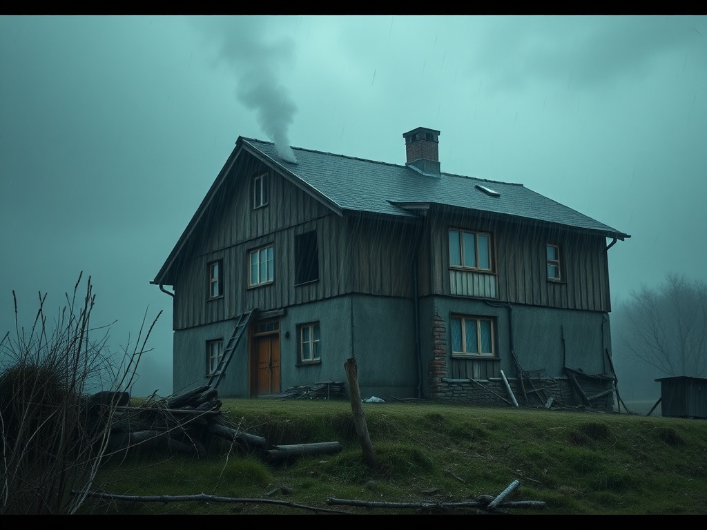На изображении изображен дом в мрачный дождливый день с дымом, поднимающимся из трубы.