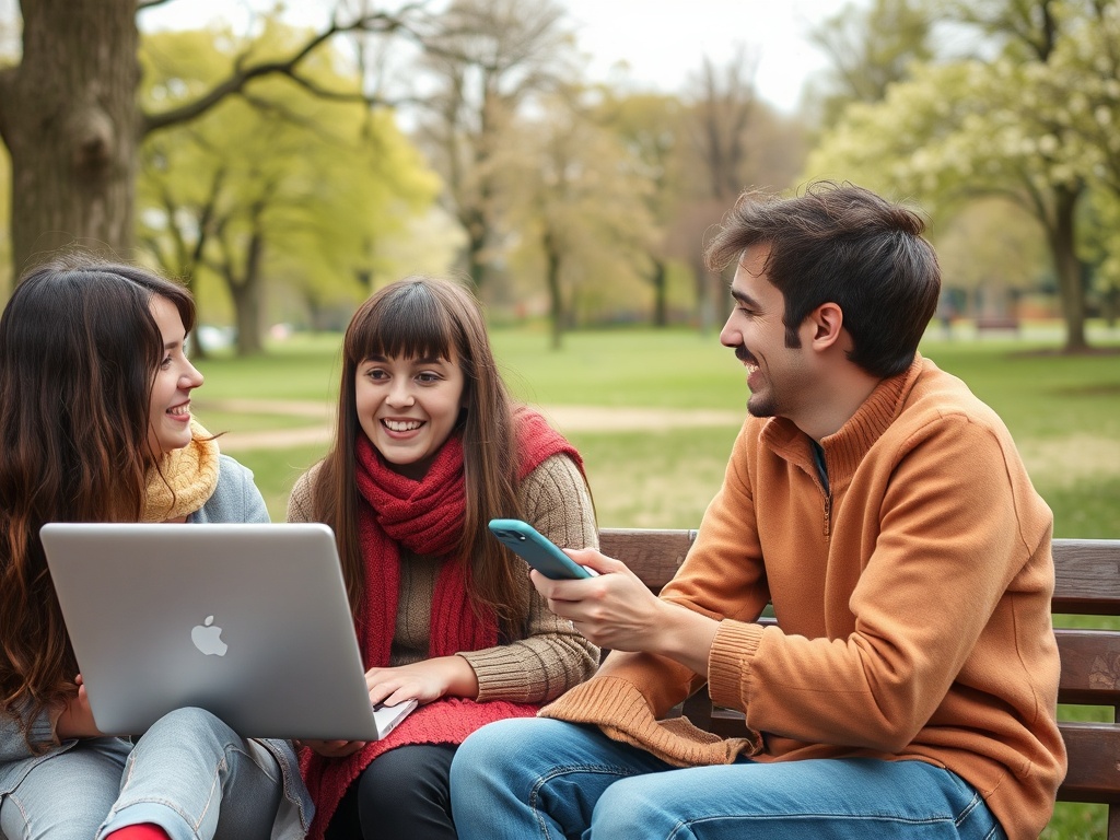 Трое друзей сидят на скамейке в парке, общаются и работают на ноутбуке и телефоне. Солнечный день.