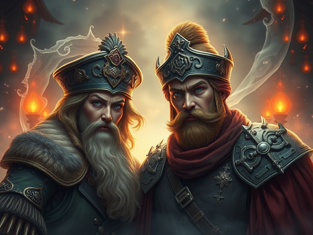 Два могучих воина с украшенными коронами и богатой бронёй, полные решимости и достоинства.