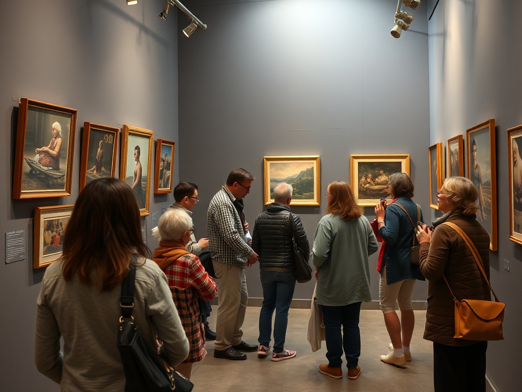 Группа людей рассматривает картины в художественной галерее, наслаждаясь искусством.