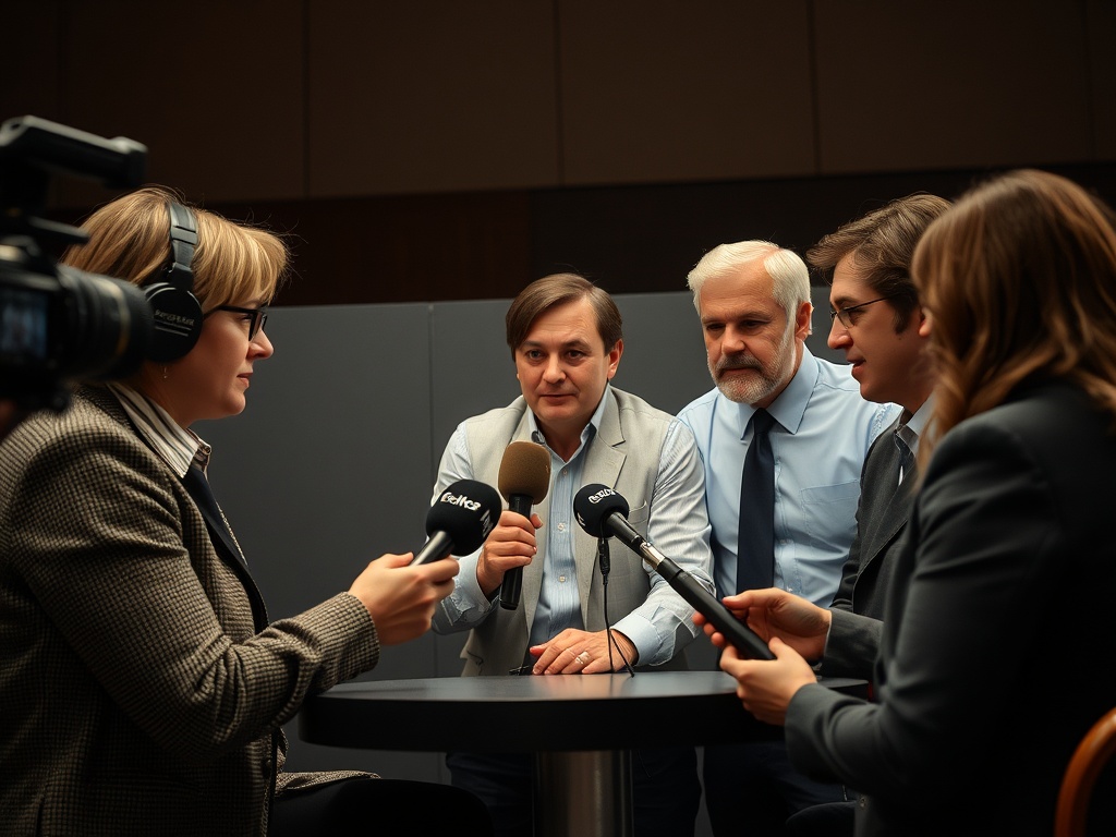 Четыре человека в костюмах обсуждают что-то у стола, двое с микрофонами, женщина с камерой.