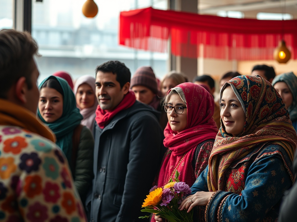 Группа людей в головных уборах, внимательно слушает. Некоторые держат цветы, атмосфера дружелюбная.