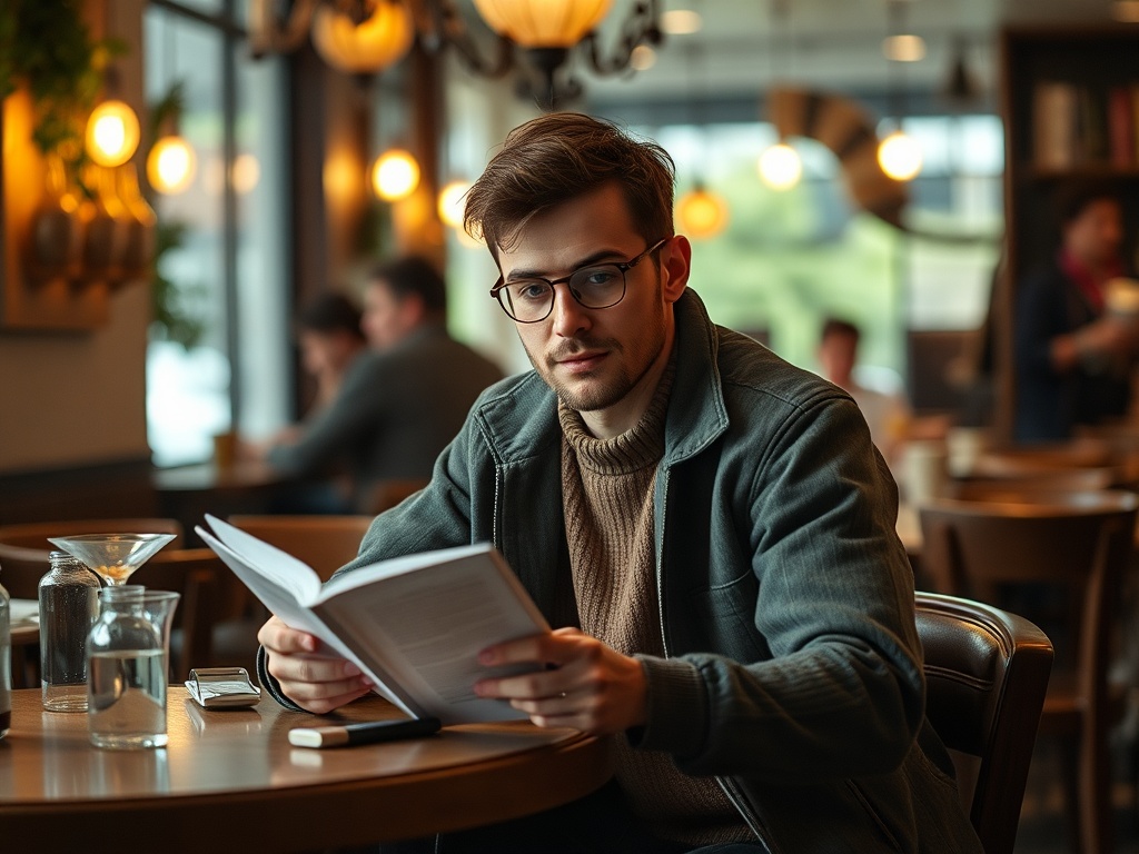 Молодой человек читает книгу в кафе, окружающее пространство уютное и расслабляющее.