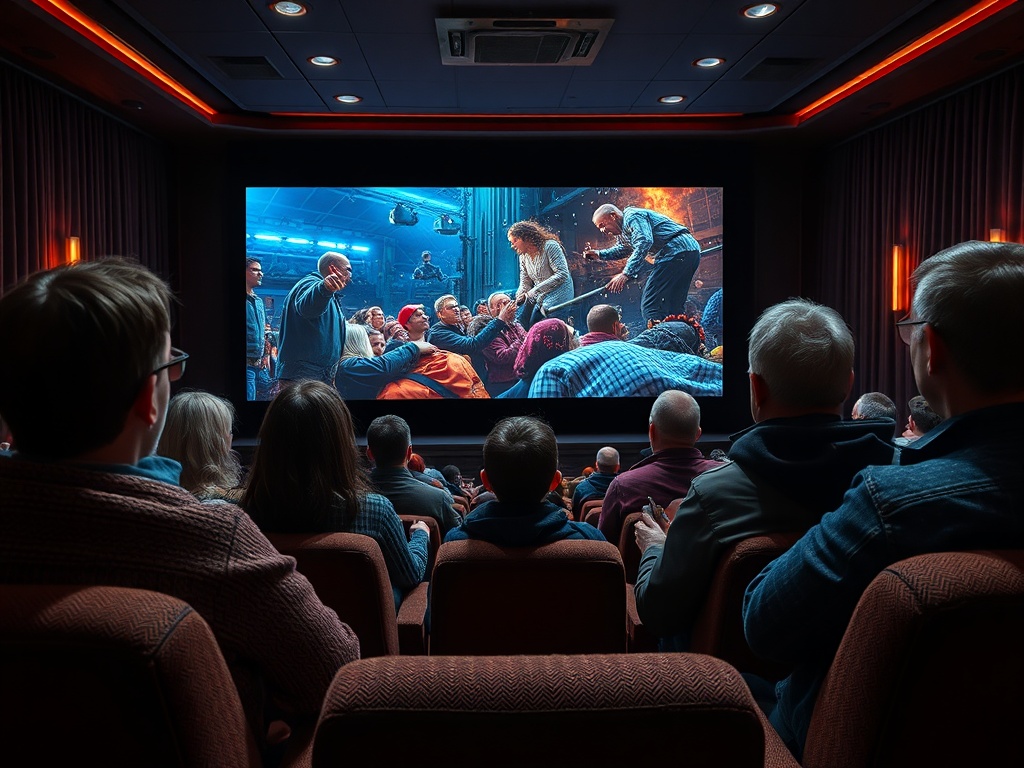 Зрители в кинотеатре смотрят напряжённую сцену на большом экране. Атмосфера волнения и ожидания.