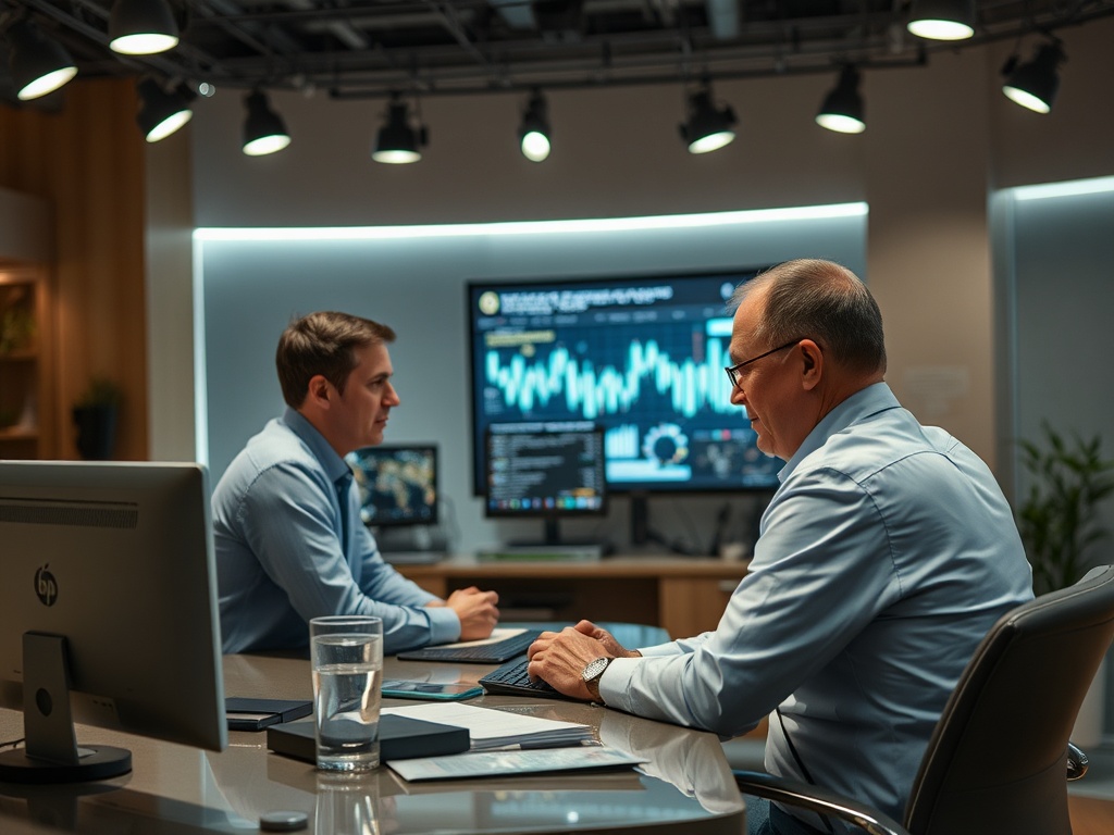 Два мужчины обсуждают бизнес-стратегии в современном офисе с графиками на экране. Стол усыпан документами.