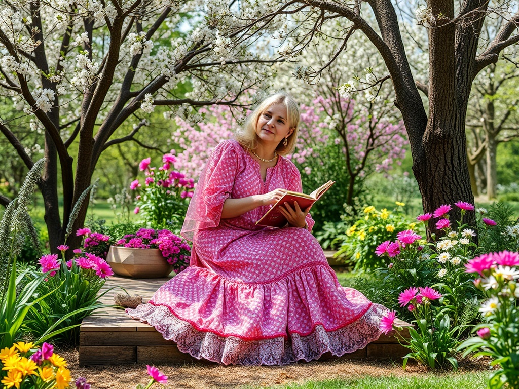 Женщина в розовом платье сидит в саду среди цветов и читает книгу на фоне цветущих деревьев.