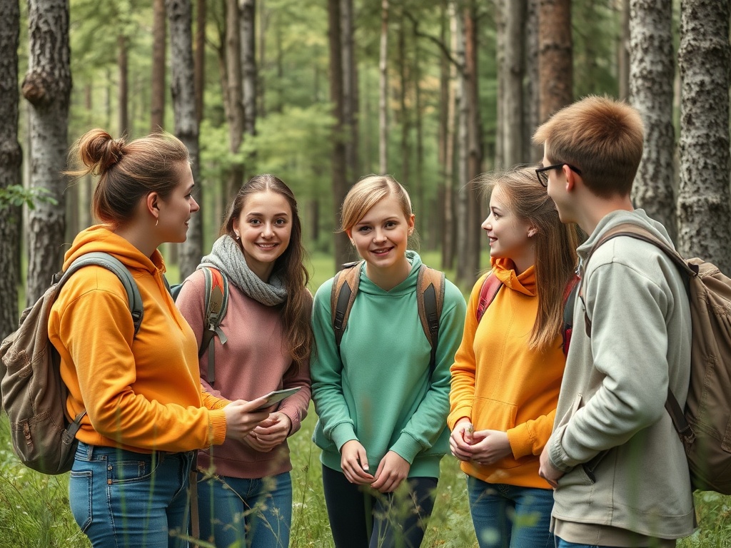 Группа подростков в яркой одежде общается в лесу, наслаждаясь природой и дружеской атмосферой.