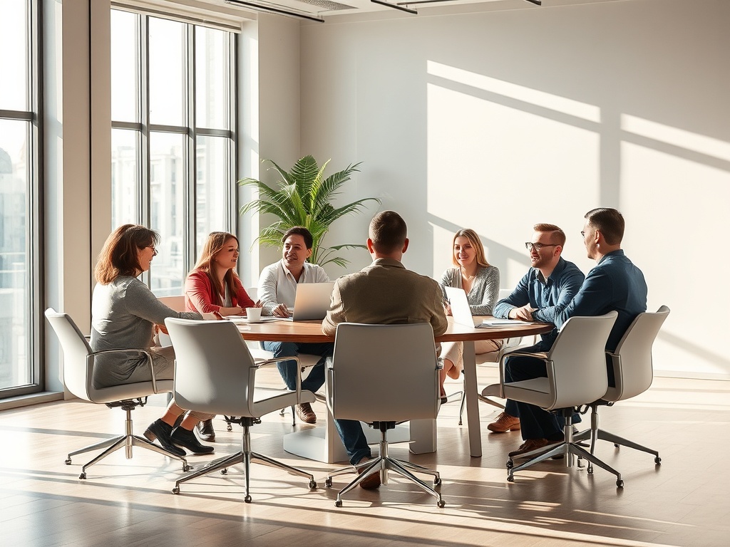 Группа людей сидит за круглым столом в светлом офисе, обсуждая идеи и планы. Солнечный свет проникает через окна.